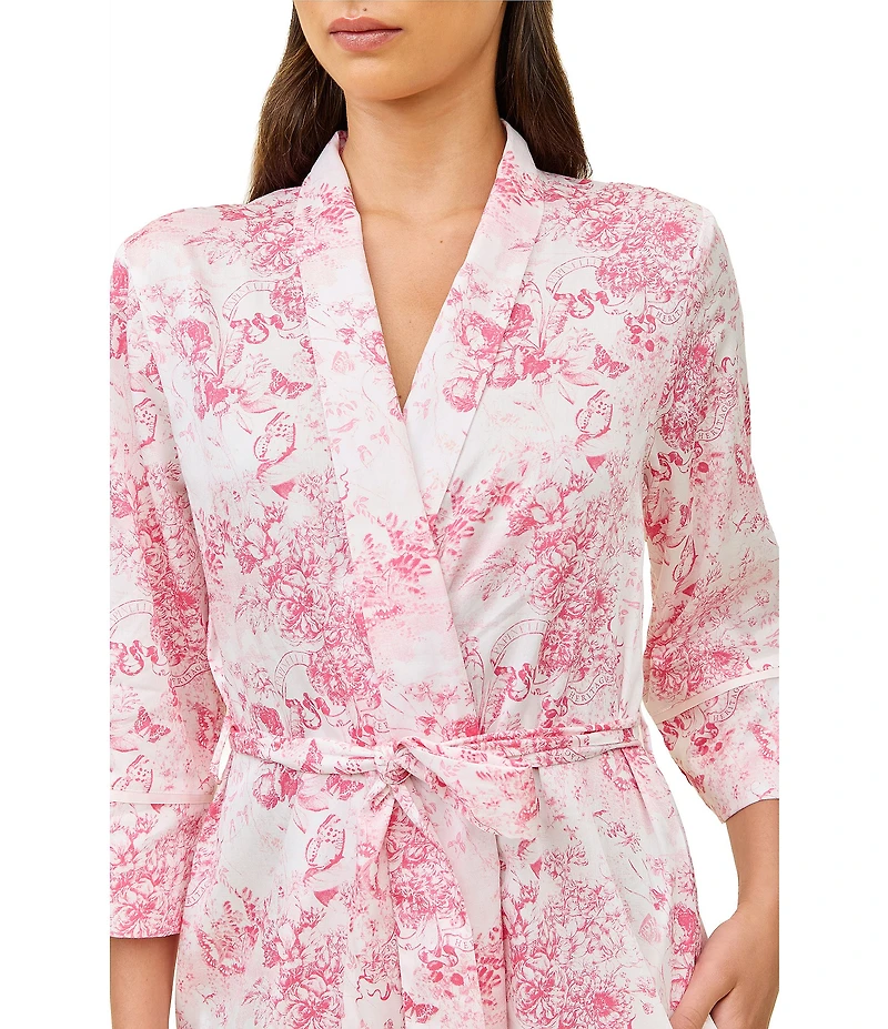 Papinelle Toile De Jouy Print 3/4 Sleeve Shawl Collar Woven Sateen Coordinating Midi Robe