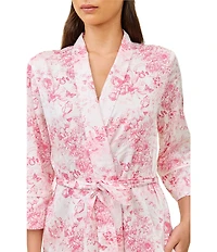 Papinelle Toile De Jouy Print 3/4 Sleeve Shawl Collar Woven Sateen Coordinating Midi Robe