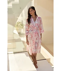 Papinelle Toile De Jouy Print 3/4 Sleeve Shawl Collar Woven Sateen Coordinating Midi Robe