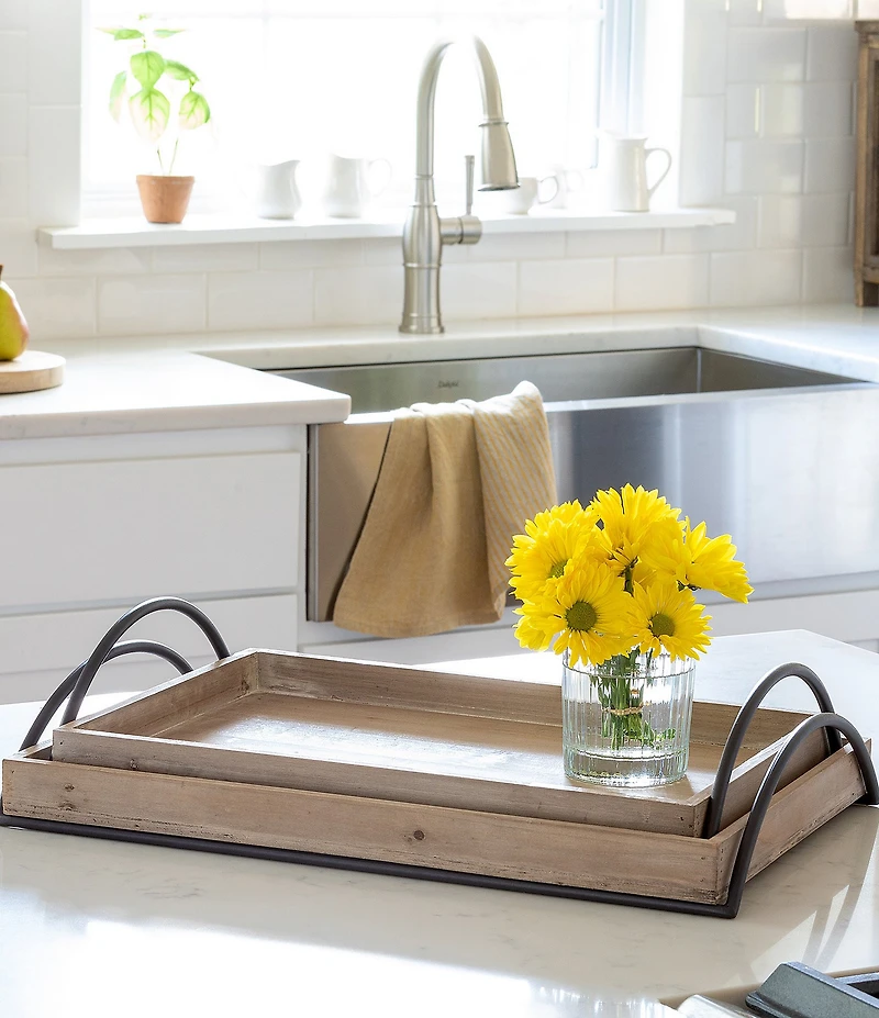 Park Hill Wood Trays with Iron Handle, Set of 2