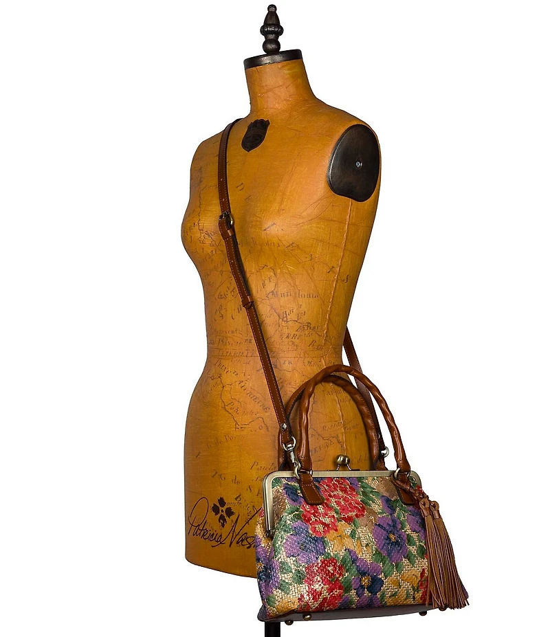 Patricia Nash Marie Raffia Floral Print Kisslock Handle Satchel Bag