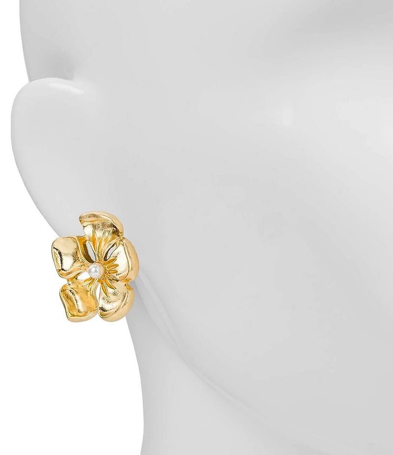 Patricia Nash Metal Plated Pearl Flower Resort Clip-On Drop Earrings