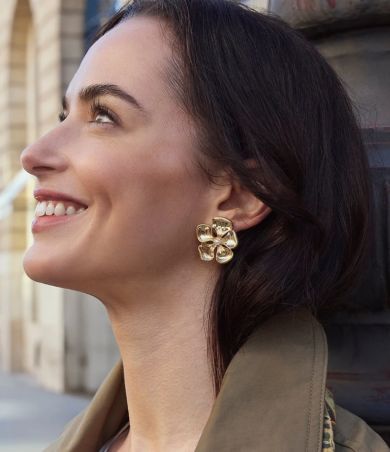 Patricia Nash Metal Plated Pearl Flower Resort Clip-On Drop Earrings