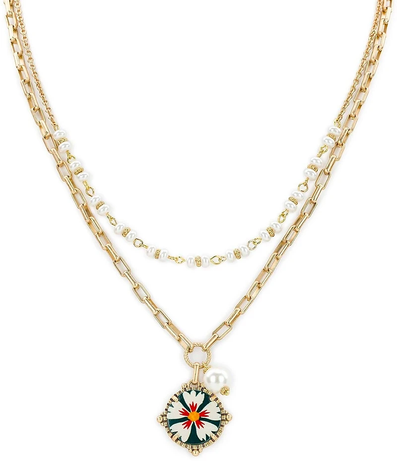 Patricia Nash Mod Floral Charm Pearl Short Multi-Strand Chain Necklace