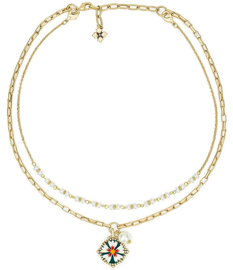 Patricia Nash Mod Floral Charm Pearl Short Multi-Strand Chain Necklace