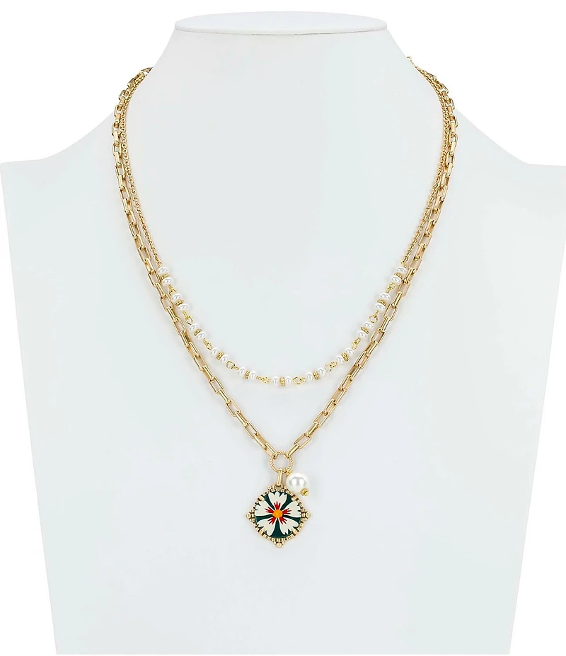 Patricia Nash Mod Floral Charm Pearl Short Multi-Strand Chain Necklace