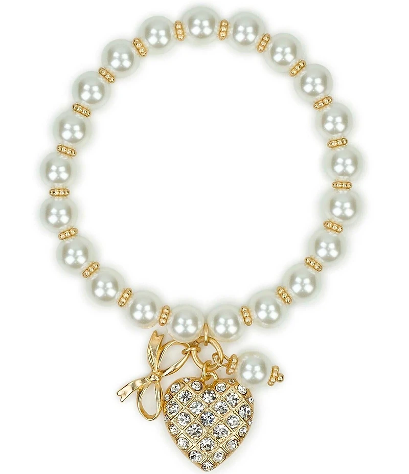 Patricia Nash Pearl Bead Rhinestone Heart Charm Stretch Bracelet
