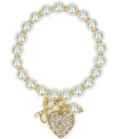 Patricia Nash Pearl Bead Rhinestone Heart Charm Stretch Bracelet