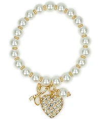 Patricia Nash Pearl Bead Rhinestone Heart Charm Stretch Bracelet