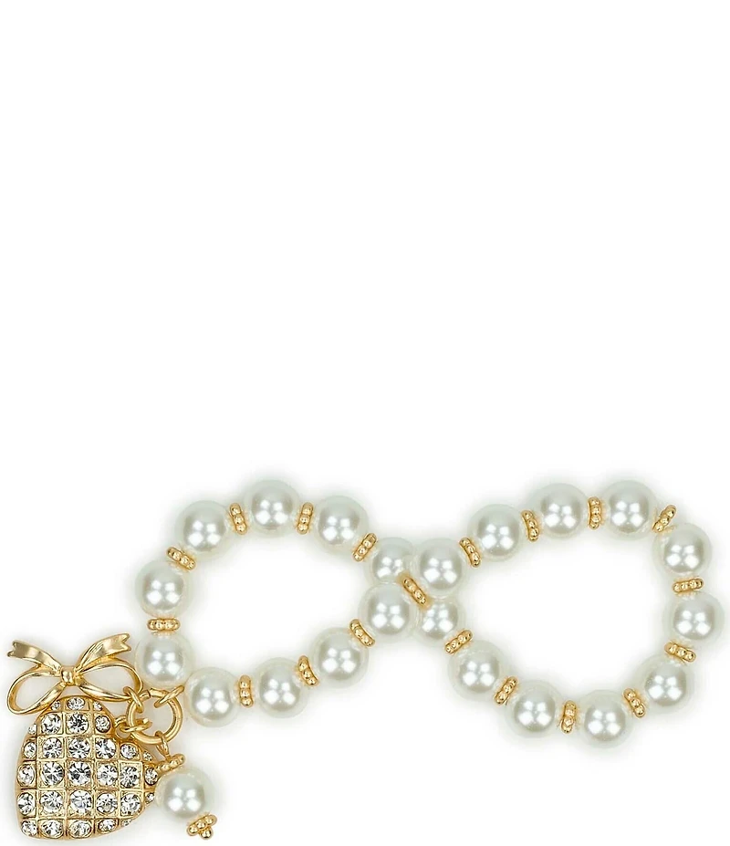 Patricia Nash Pearl Bead Rhinestone Heart Charm Stretch Bracelet