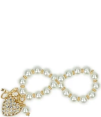 Patricia Nash Pearl Bead Rhinestone Heart Charm Stretch Bracelet