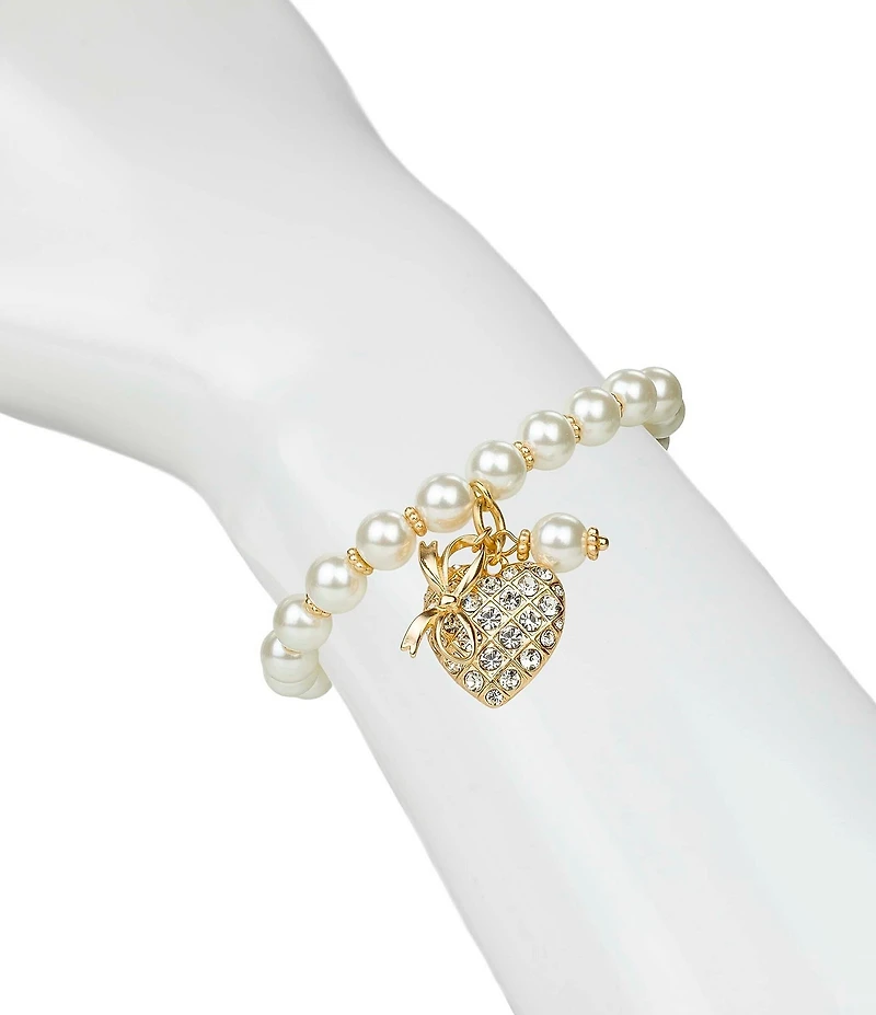 Patricia Nash Pearl Bead Rhinestone Heart Charm Stretch Bracelet