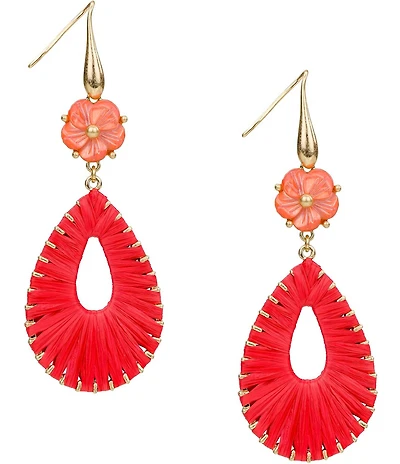 Patricia Nash Red Flower Raffia Teardrop Drop Earrings