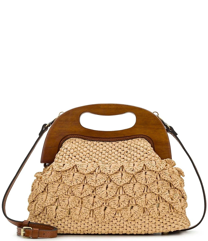 Patricia Nash Sandrine Scalloped Raffia Wooden Handle Convertible Clutch