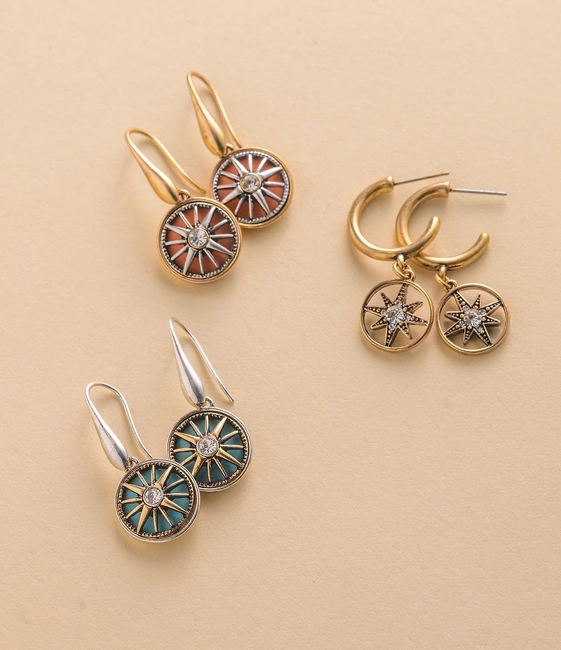 Patricia Nash Compass Small Hoop With Dangle Drop Earrings