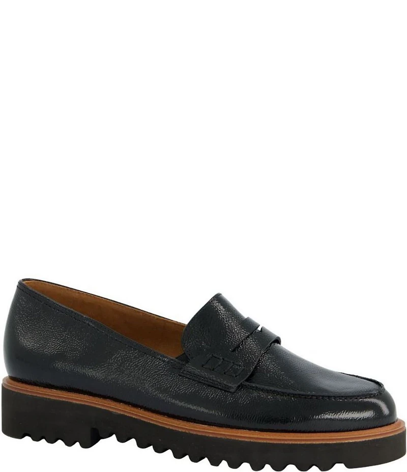 Paul Green Carmel Crinkle Patent Leather Lug Sole Penny Loafers