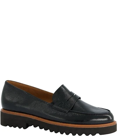 Paul Green Carmel Crinkle Patent Leather Lug Sole Penny Loafers
