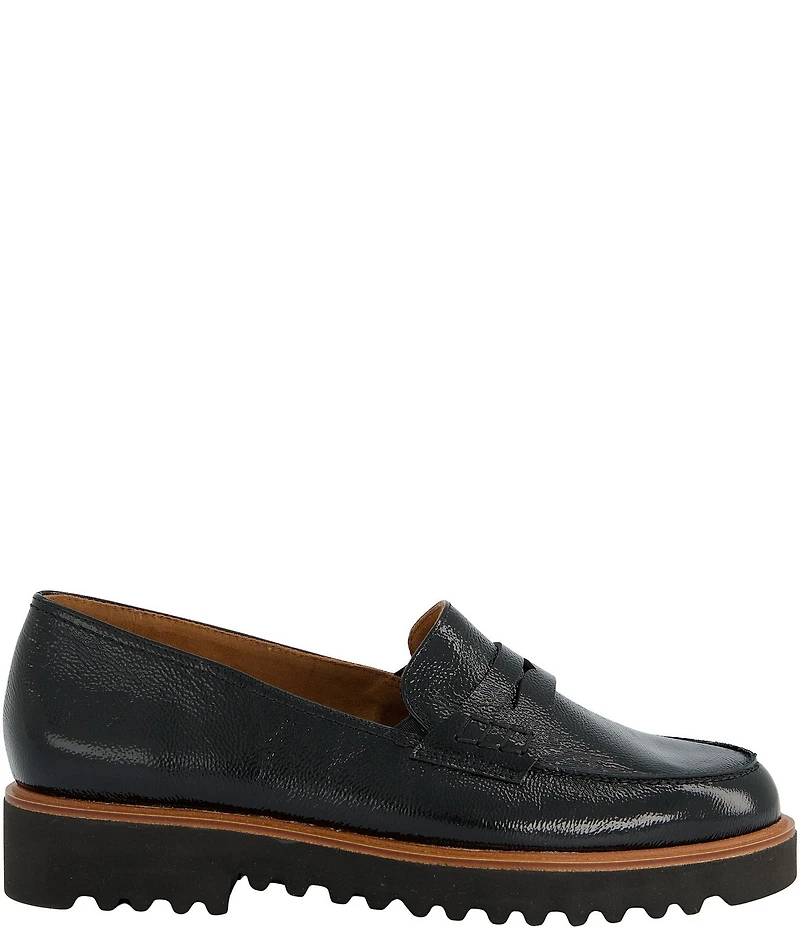 Paul Green Carmel Crinkle Patent Leather Lug Sole Penny Loafers
