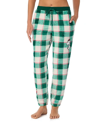 Peanuts Cozy Plush Plaid Print Drawstring Tie Coordinating Sleep Pants