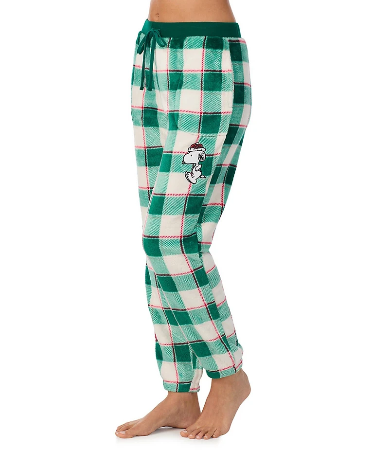 Peanuts Cozy Plush Plaid Print Drawstring Tie Coordinating Sleep Pants