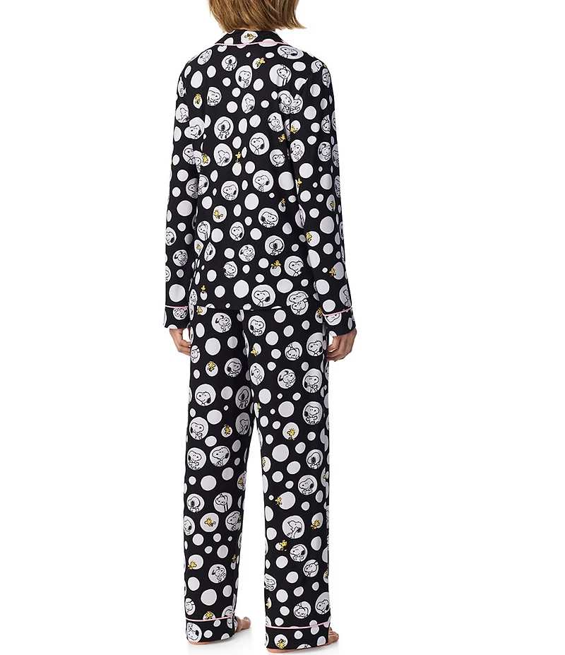 Peanuts Dotted Snoopy Print Long Sleeve Notch Collar Jersey Knit Long Pajama Set