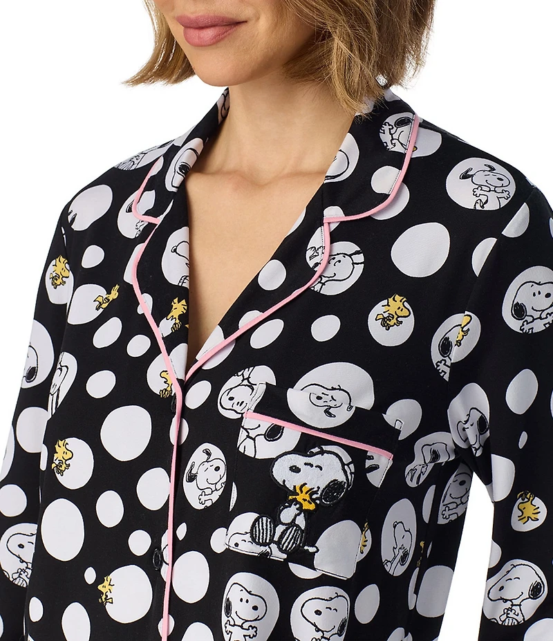Peanuts Dotted Snoopy Print Long Sleeve Notch Collar Jersey Knit Long Pajama Set