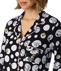 Peanuts Dotted Snoopy Print Long Sleeve Notch Collar Jersey Knit Long Pajama Set