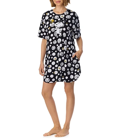 Peanuts Dotted Snoopy Print Short Sleeve Round Neck Jersey Knit Sleepshirt