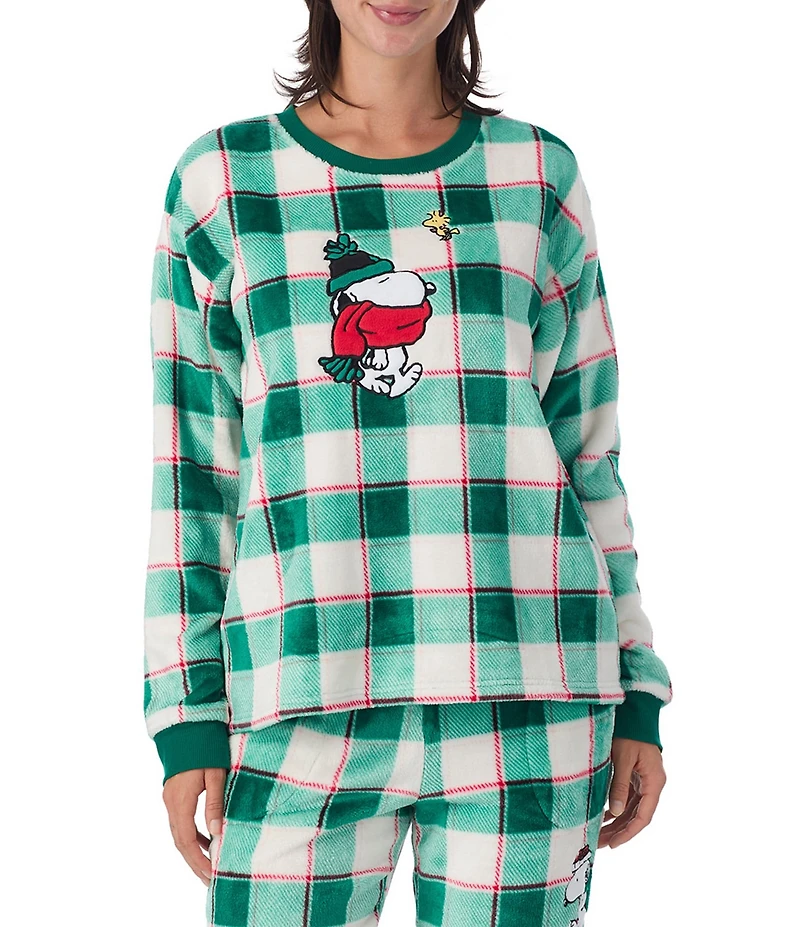 Peanuts Plaid Print Snoopy Applique Plush Long Sleeve Crew Neck Coordinating Pullover