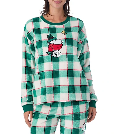 Peanuts Plaid Print Snoopy Applique Plush Long Sleeve Crew Neck Coordinating Pullover
