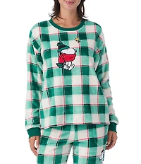 Peanuts Plaid Print Snoopy Applique Plush Long Sleeve Crew Neck Coordinating Pullover