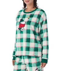 Peanuts Plaid Print Snoopy Applique Plush Long Sleeve Crew Neck Coordinating Pullover