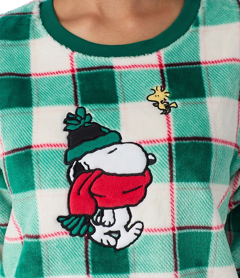 Peanuts Plaid Print Snoopy Applique Plush Long Sleeve Crew Neck Coordinating Pullover