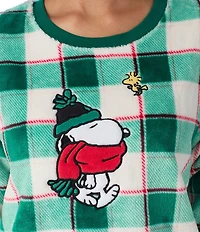 Peanuts Plaid Print Snoopy Applique Plush Long Sleeve Crew Neck Coordinating Pullover