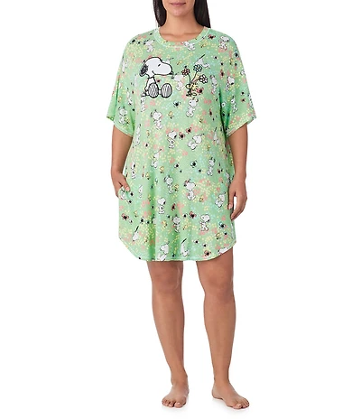 Peanuts Plus Size Short Sleeve Round Neck Allover Snoopy Floral Print Jersey Knit Nightshirt