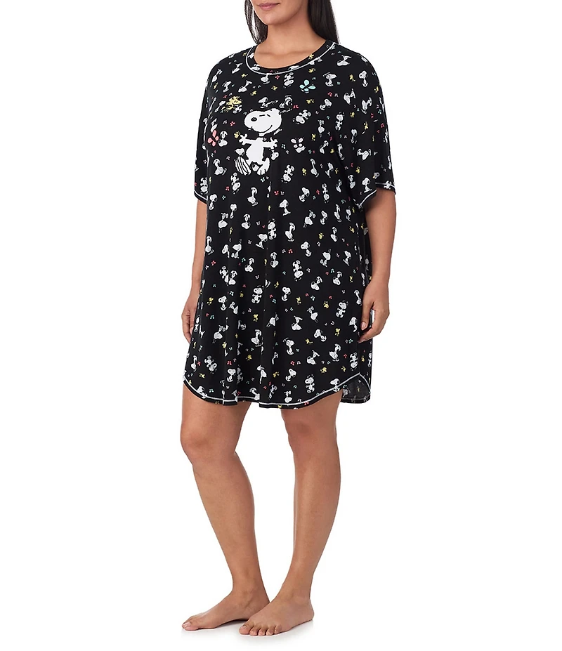 Peanuts Plus Size Short Sleeve Round Neck Allover Snoopy Print Jersey Knit Nightshirt