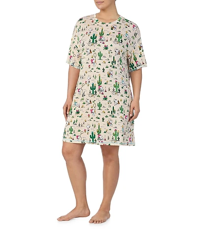 Peanuts Plus Size Short Sleeve Round Neck Western Snoopy Print Knit Nightshirt