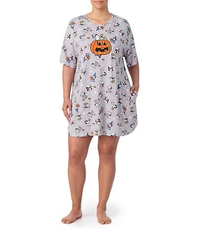 Peanuts Plus Size Short Snoopy Halloween Short Sleeve Round Neck Jersey Knit Sleepshirt