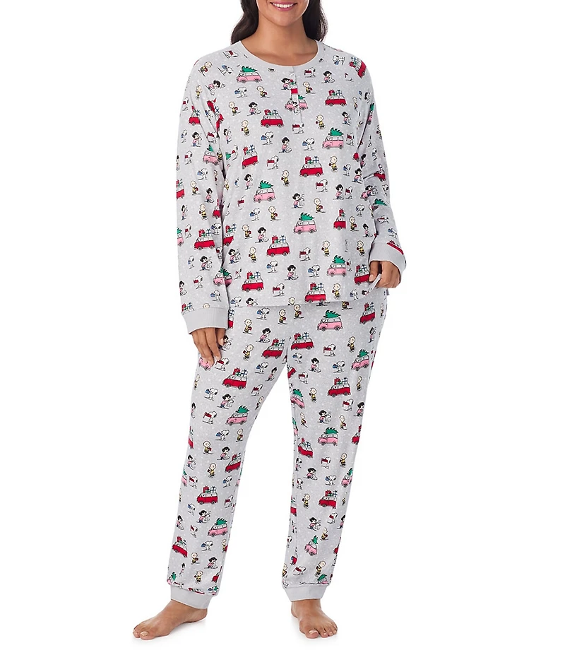 Peanuts Plus Size Snoopy & Friends Print Long Sleeve Henley & Jogger Cozy Jersey Holiday Pajama Set