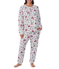 Peanuts Plus Size Snoopy & Friends Print Long Sleeve Henley & Jogger Cozy Jersey Holiday Pajama Set