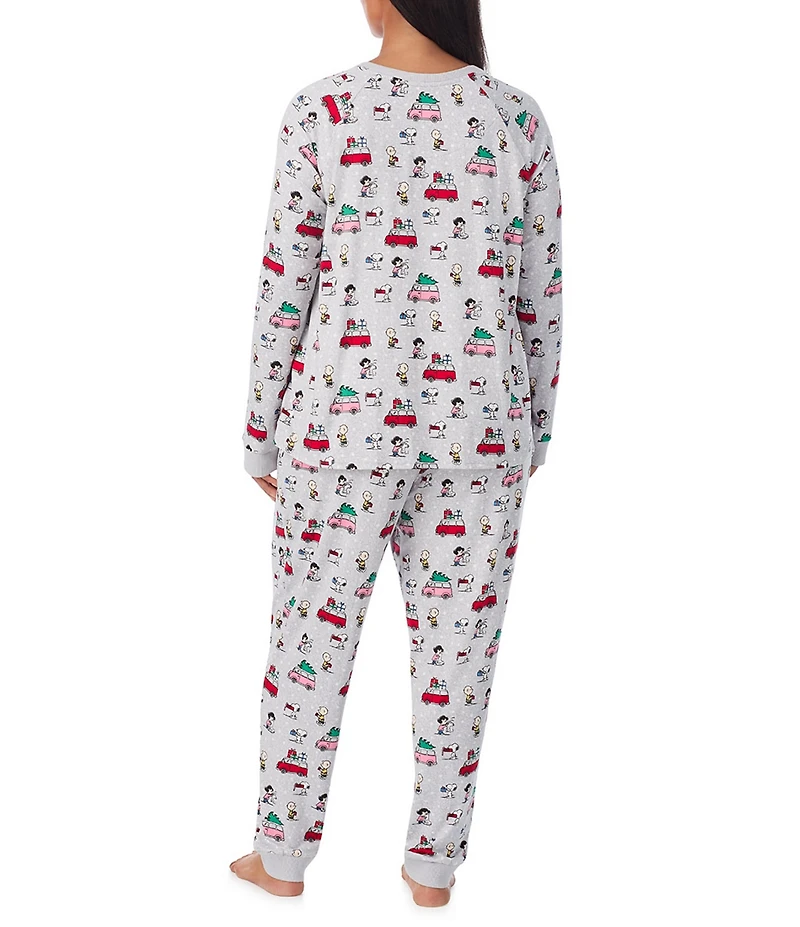 Peanuts Plus Size Snoopy & Friends Print Long Sleeve Henley & Jogger Cozy Jersey Holiday Pajama Set