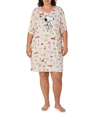 Peanuts Plus Size Snoopy Beach Print Short Sleeve Round Neck Jersey Knit Sleepshirt