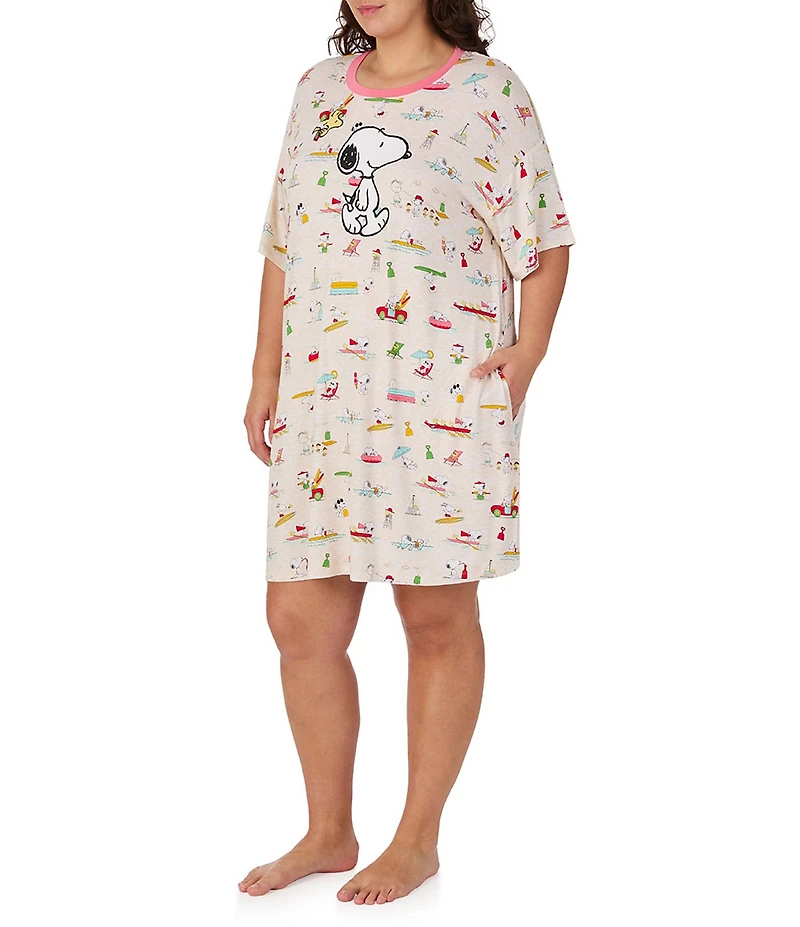 Peanuts Plus Size Snoopy Beach Print Short Sleeve Round Neck Jersey Knit Sleepshirt