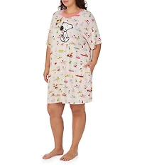 Peanuts Plus Size Snoopy Beach Print Short Sleeve Round Neck Jersey Knit Sleepshirt