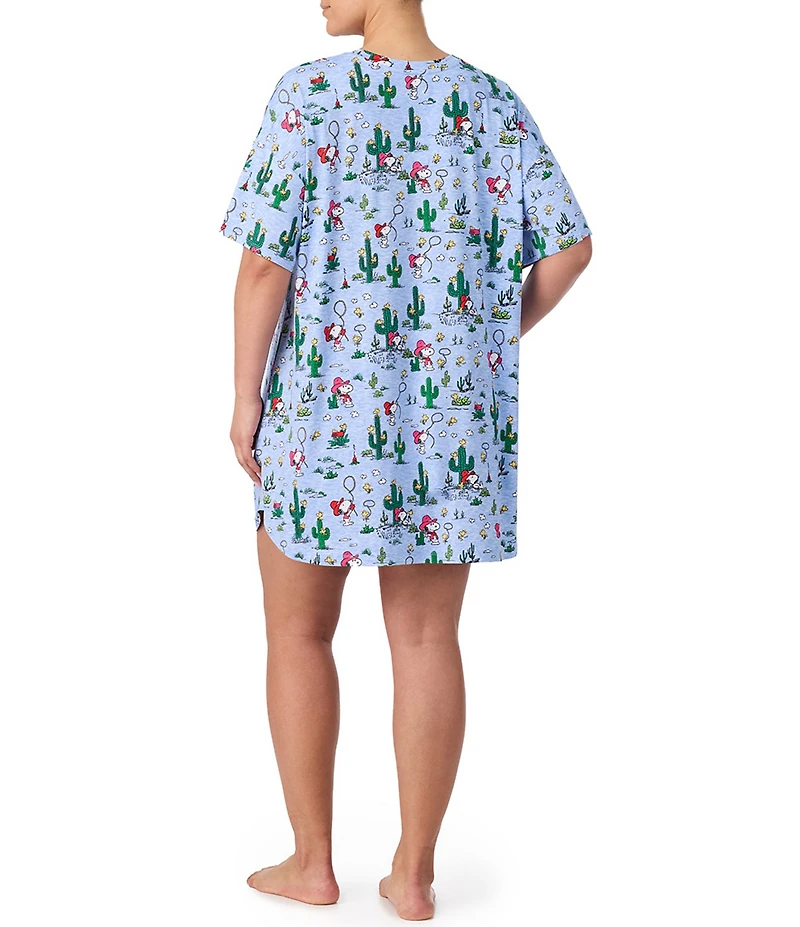 Peanuts Plus Size Western Snoopy Print Short Sleeve Round Neck Jersey Knit Sleepshirt