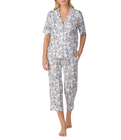Peanuts Short Sleeve Notch Collar Knit Snoopy Print Cropped Pajama Set