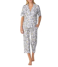 Peanuts Short Sleeve Notch Collar Knit Snoopy Print Cropped Pajama Set