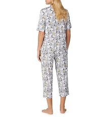 Peanuts Short Sleeve Notch Collar Knit Snoopy Print Cropped Pajama Set