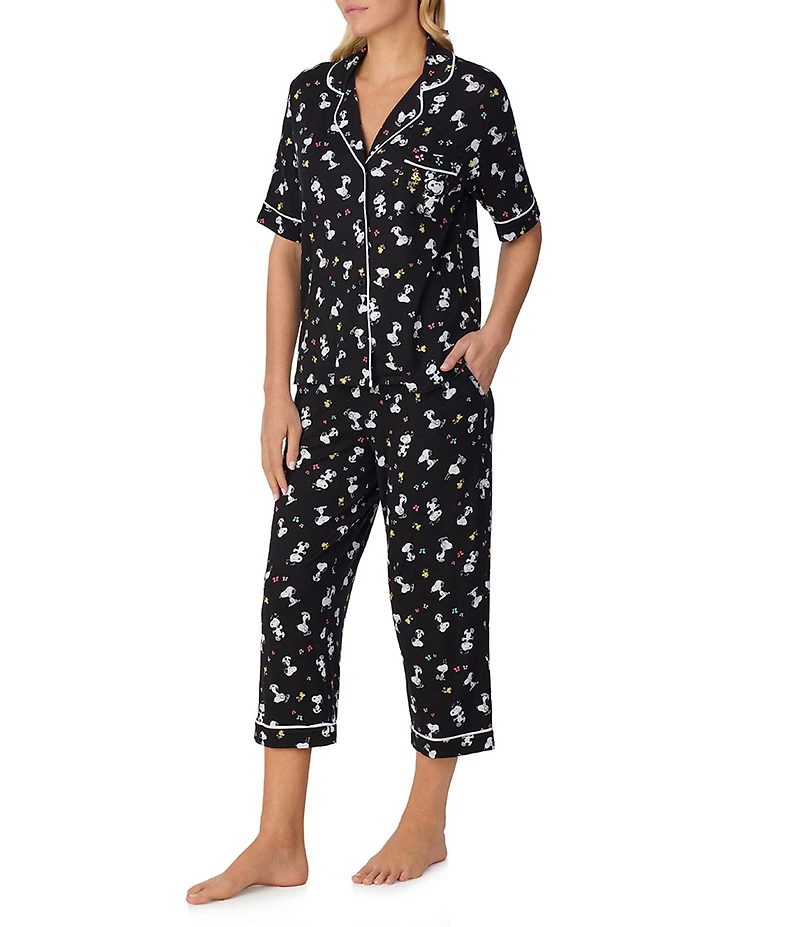 Peanuts Short Sleeve Notch Collar Knit Snoopy Print Cropped Pajama Set