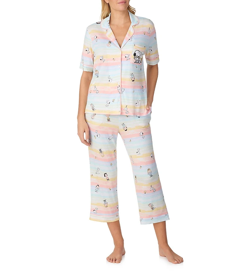 Peanuts Short Sleeve Notch Collar Knit Snoopy Striped Print Cropped Pajama Set